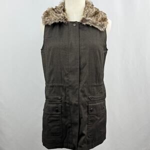 J Jill Faux Fur Collar Vest Womens XS Brown Herringbone Utility Zip Snap Waist